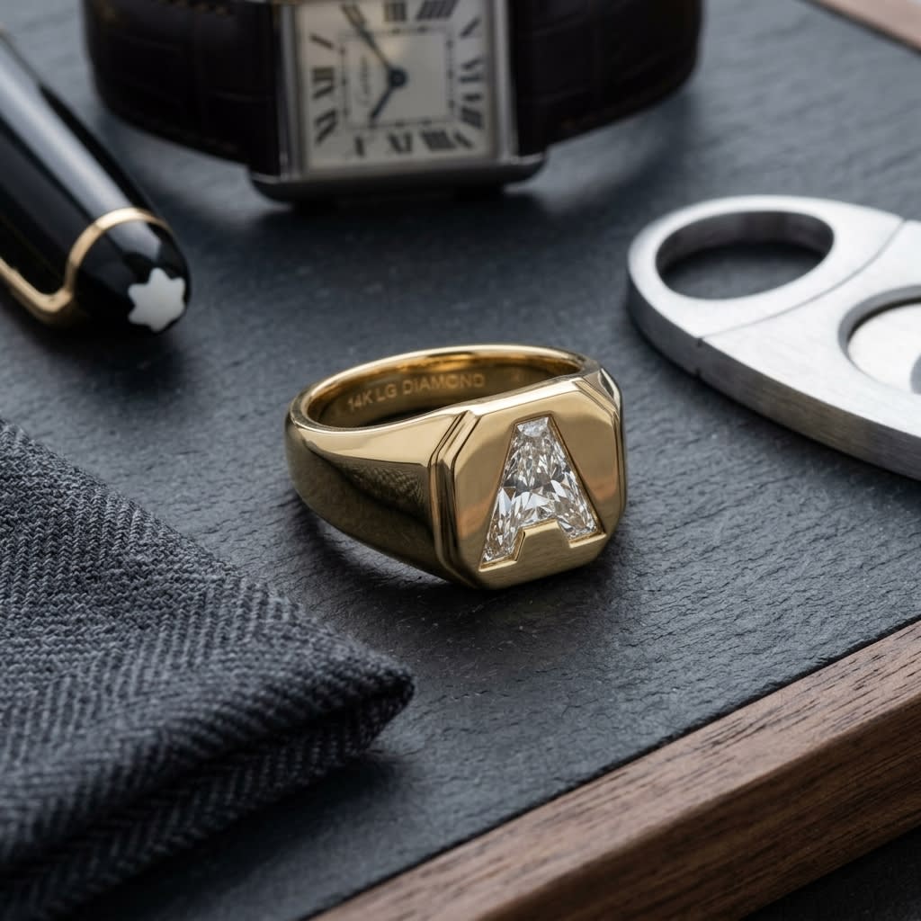 Diamond Letter Signet Ring - 14K Yellow Gold, on walnut surface with pocket square