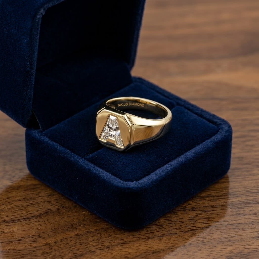 Diamond Letter Signet Ring - 14K Yellow Gold, in navy velvet jewelry box