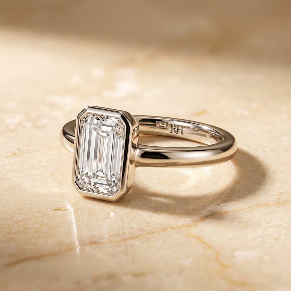The Agnes Select bezel solitaire tapered baguette engagement ring in 18k white gold — alt-angle hero — RockHer