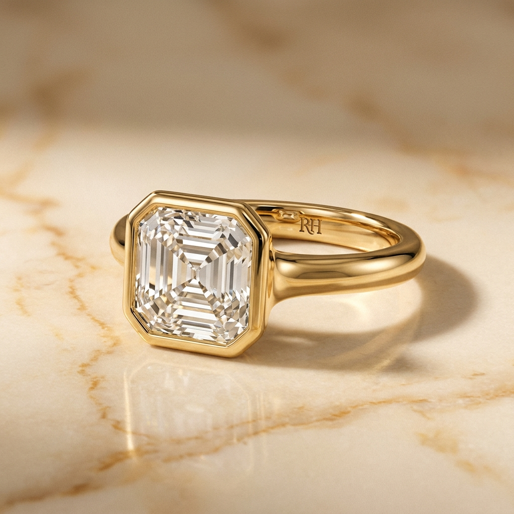 The Agnes Select bezel solitaire asscher engagement ring in 18k yellow gold — alt-angle hero — RockHer