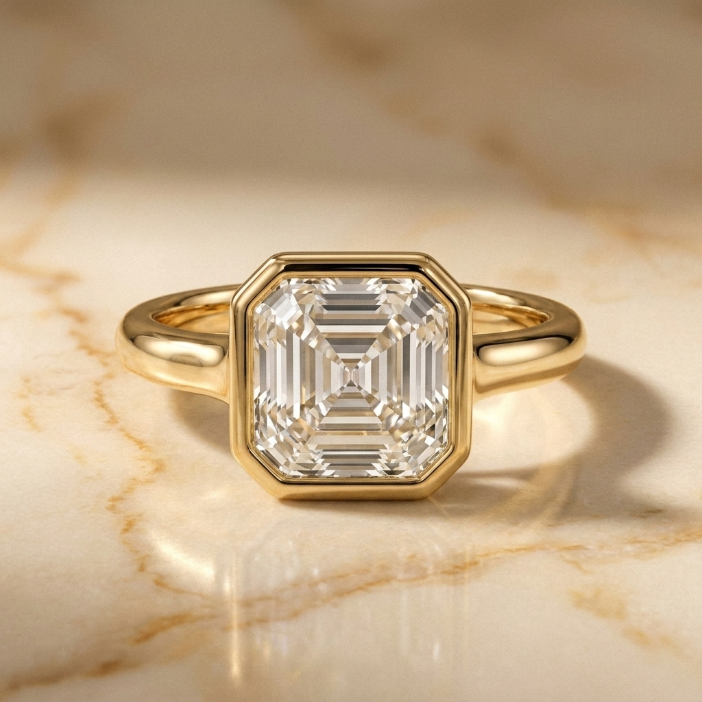 The Agnes Select bezel solitaire asscher engagement ring in 18k yellow gold — front view — RockHer