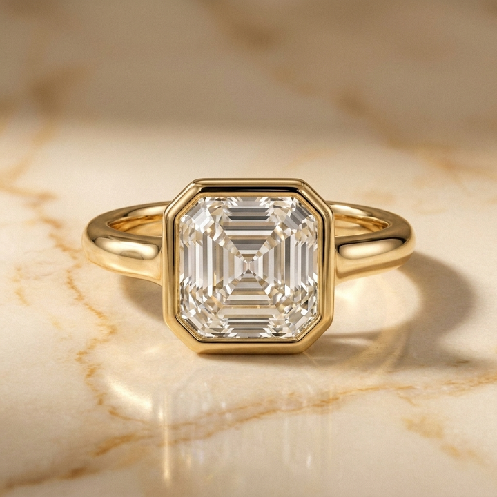 The Agnes Select bezel solitaire asscher engagement ring in 18k yellow gold — front view — RockHer
