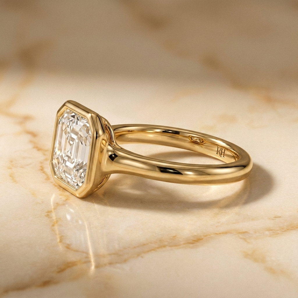 The Agnes Select bezel solitaire asscher engagement ring in 18k yellow gold — side profile — RockHer