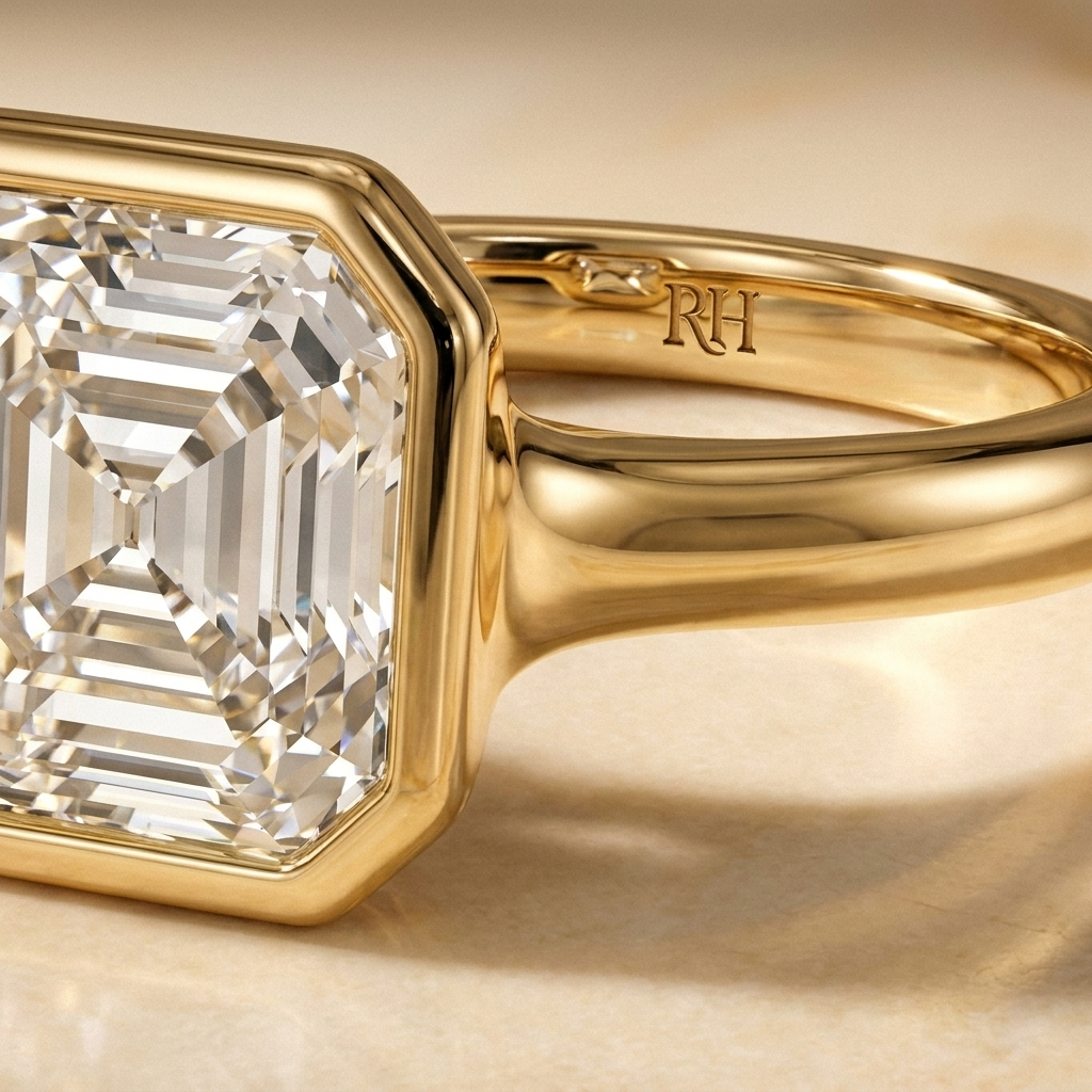 The Agnes Select bezel solitaire asscher engagement ring in 18k yellow gold — construction detail — RockHer