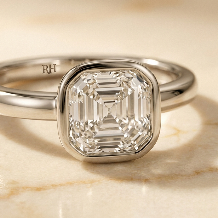The Agnes Select bezel solitaire asscher engagement ring in platinum — construction detail — RockHer