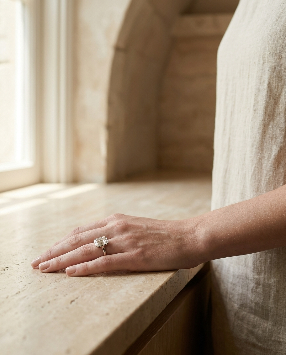 The Agnes Select bezel solitaire asscher engagement ring in 18k white gold — lifestyle — RockHer