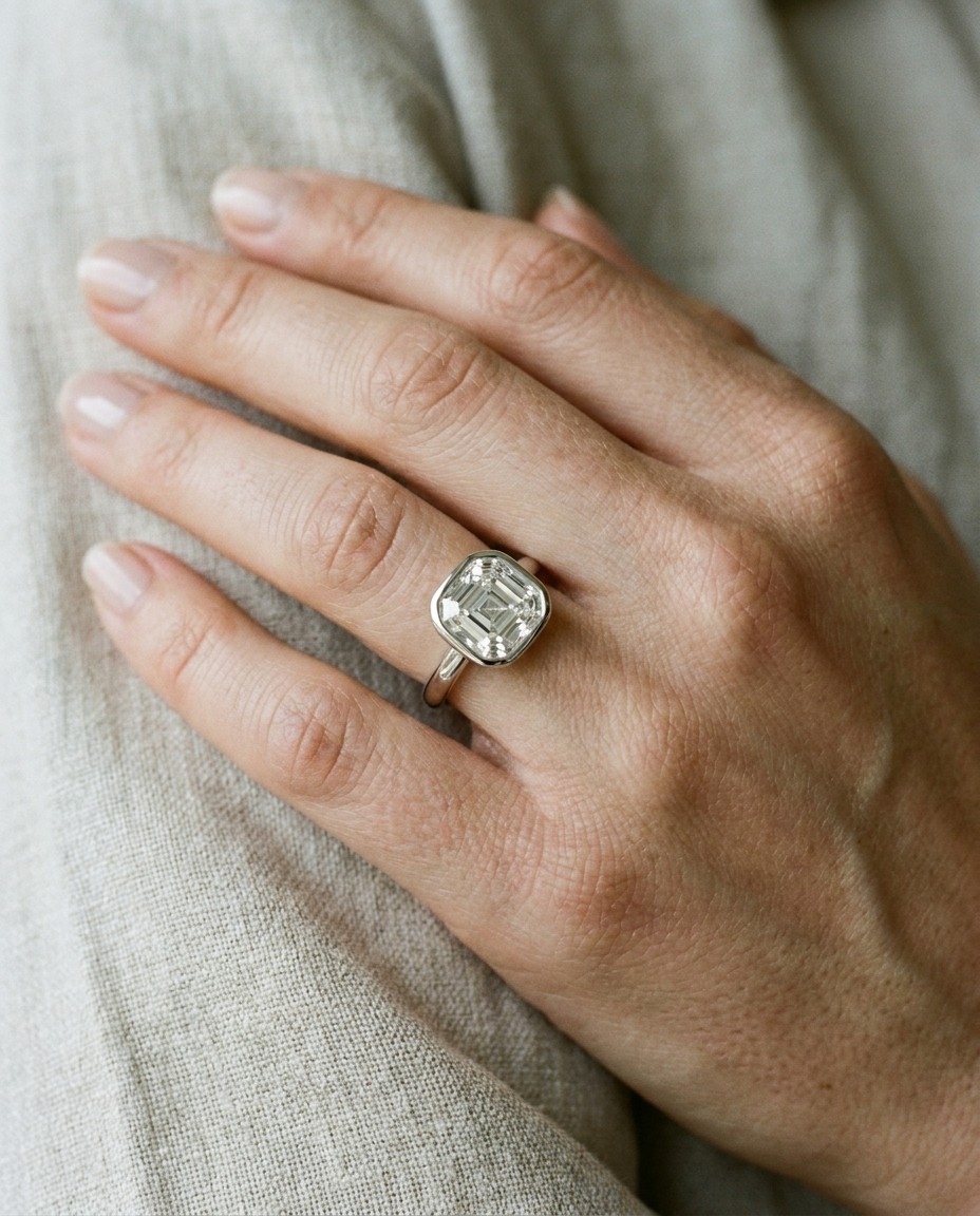 The Agnes Select bezel solitaire asscher engagement ring in platinum — on hand — RockHer