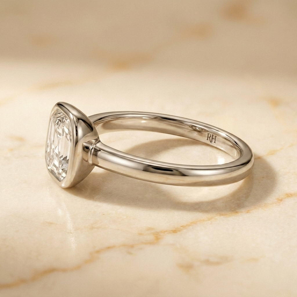 The Agnes Select bezel solitaire asscher engagement ring in platinum — side profile — RockHer