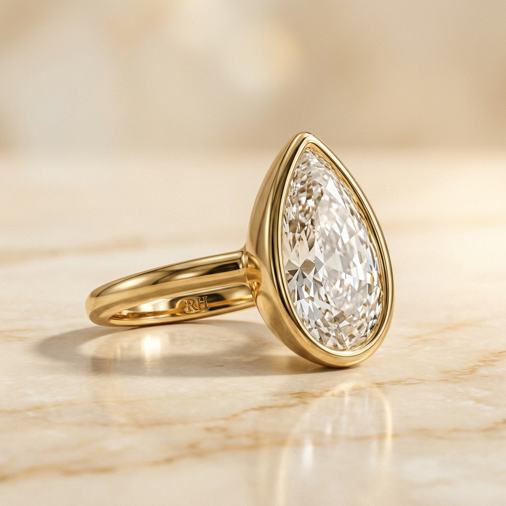 The Agnes Select bezel solitaire briolette engagement ring in 18k yellow gold — alt-angle hero — RockHer