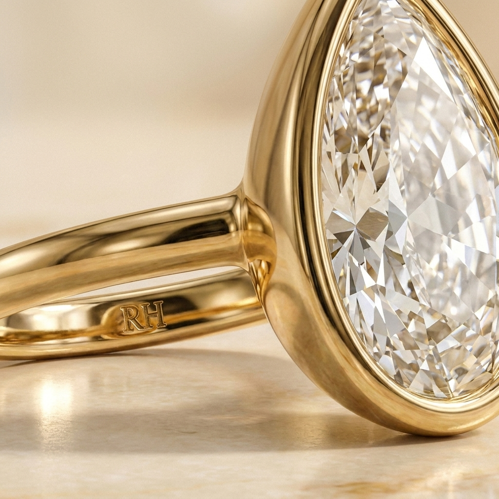 The Agnes Select bezel solitaire briolette engagement ring in 18k yellow gold — construction detail — RockHer