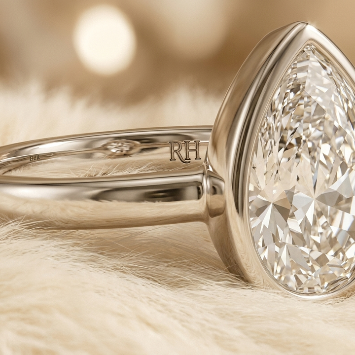 The Agnes Select bezel solitaire briolette engagement ring in 18k white gold — construction detail — RockHer