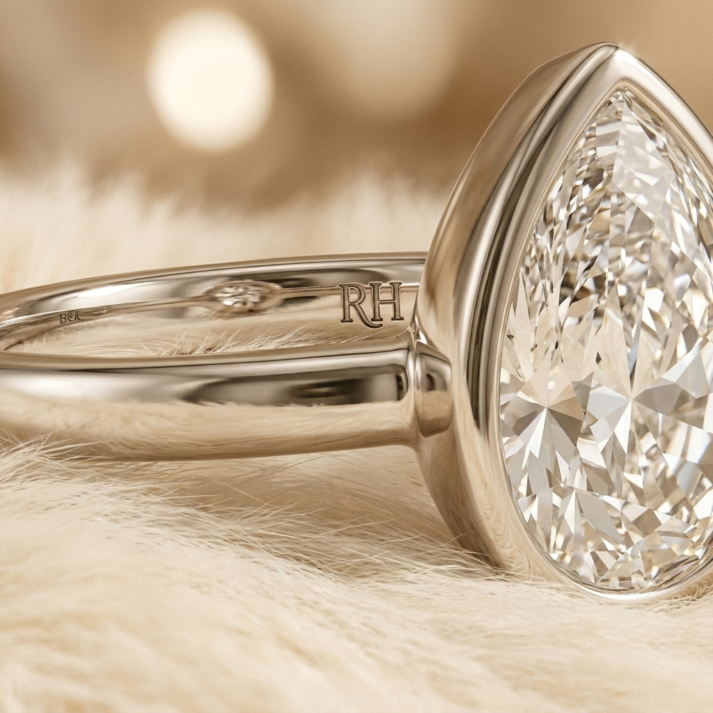 The Agnes Select bezel solitaire briolette engagement ring in platinum — construction detail — RockHer