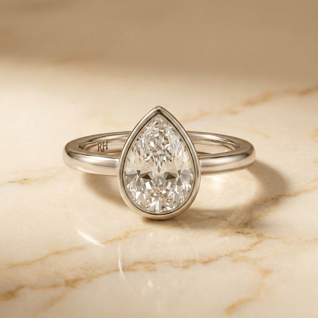 The Agnes Select bezel solitaire briolette engagement ring in platinum — front view — RockHer