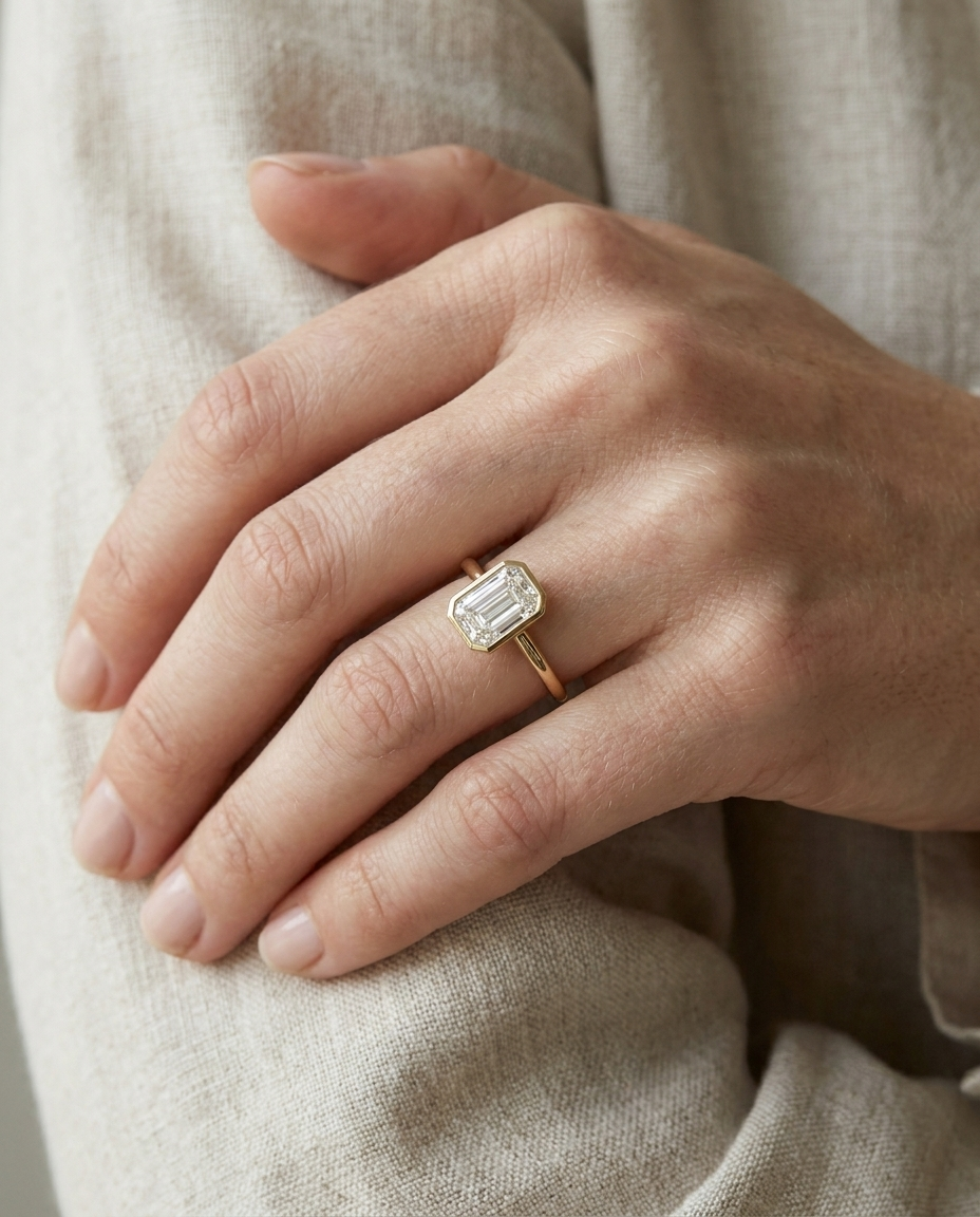 The Agnes Select bezel solitaire briolette engagement ring in platinum — on hand — RockHer