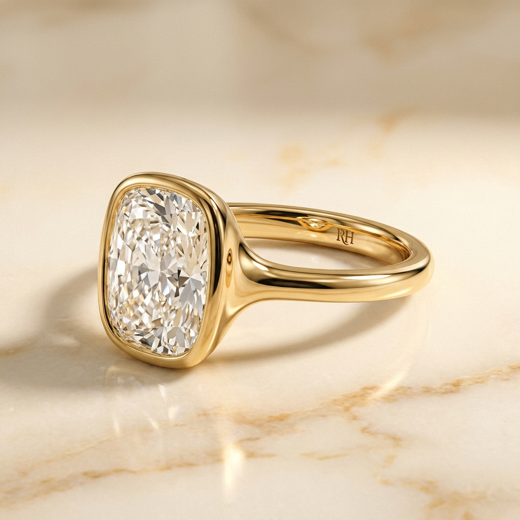 The Agnes Select bezel solitaire cushion engagement ring in 18k yellow gold — alt-angle hero — RockHer