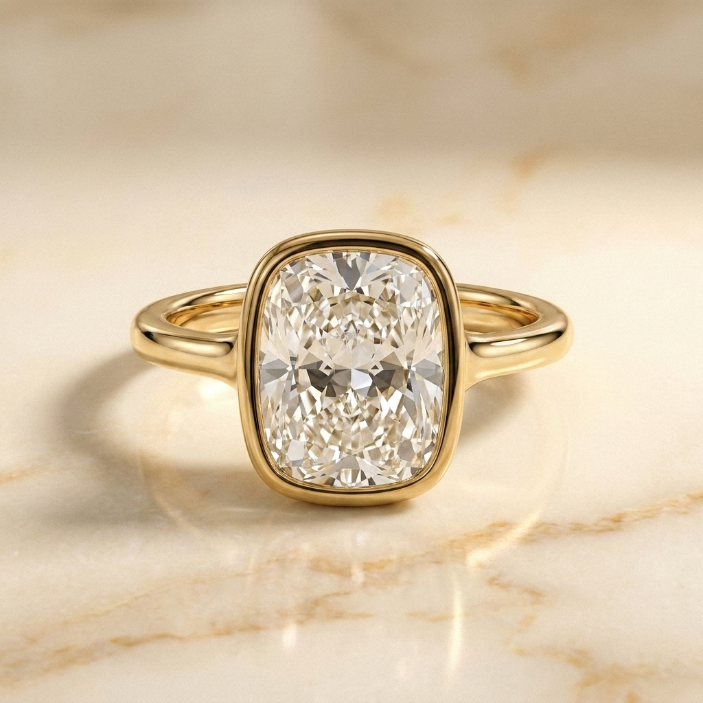 The Agnes Select bezel solitaire cushion engagement ring in 18k yellow gold — front view — RockHer