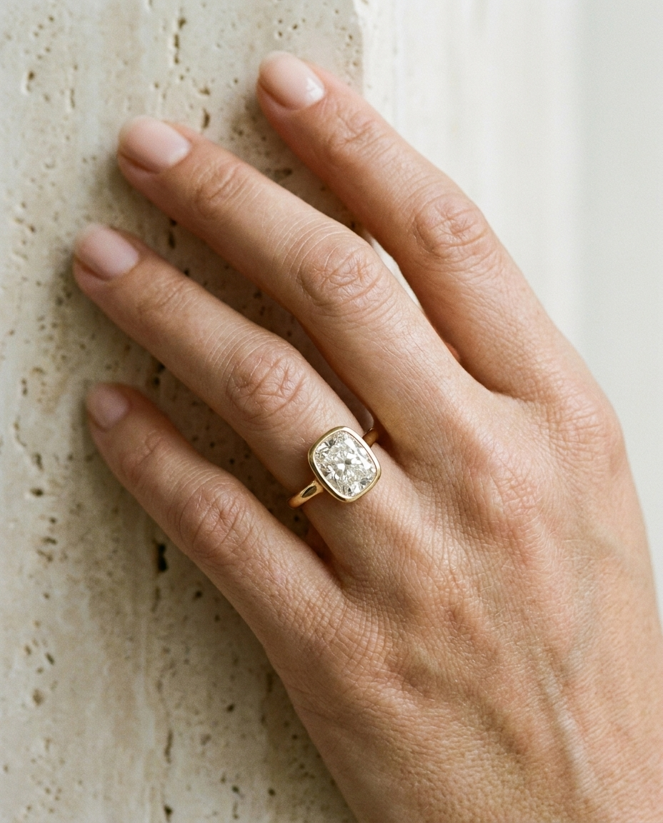 The Agnes Select bezel solitaire cushion engagement ring in 18k yellow gold — on hand — RockHer