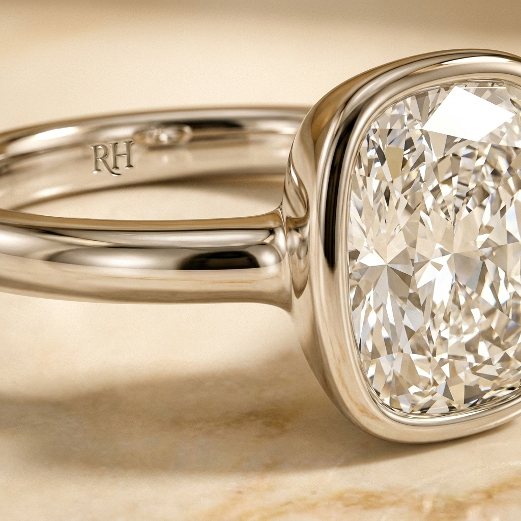 The Agnes Select bezel solitaire cushion engagement ring in platinum — construction detail — RockHer