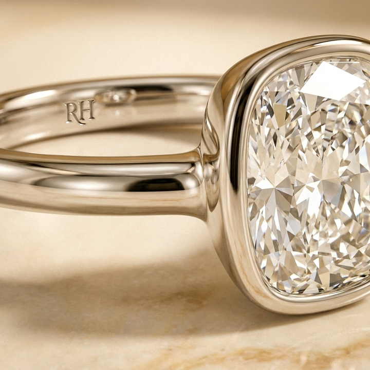 The Agnes Select bezel solitaire cushion engagement ring in platinum — construction detail — RockHer