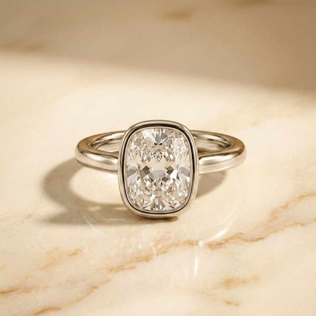 The Agnes Select bezel solitaire cushion engagement ring in platinum — front view — RockHer