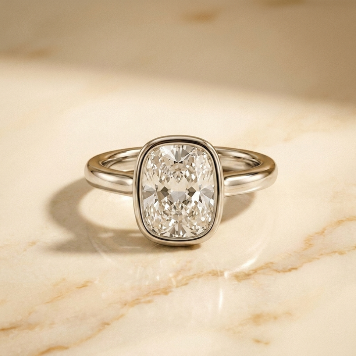 The Agnes Select bezel solitaire cushion engagement ring in platinum — front view — RockHer