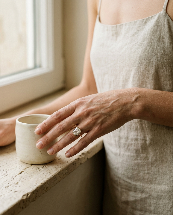 The Agnes Select bezel solitaire cushion engagement ring in platinum — lifestyle — RockHer
