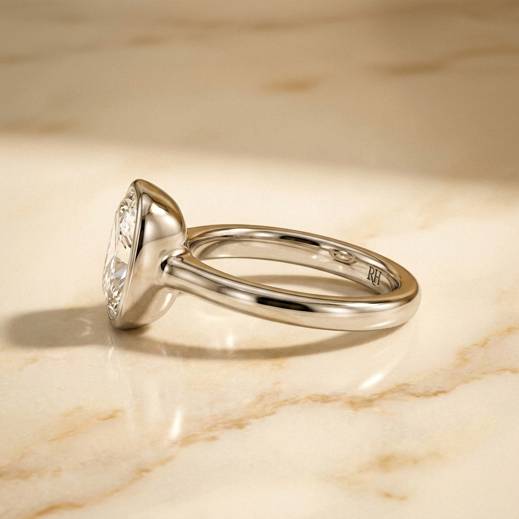 The Agnes Select bezel solitaire cushion engagement ring in 18k white gold — side profile — RockHer