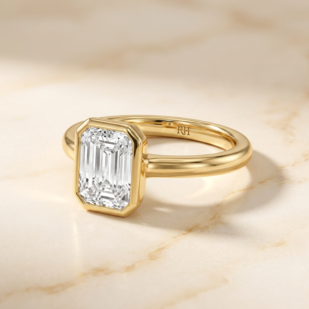 The Agnes Select bezel solitaire emerald cut engagement ring in 18k yellow gold — alt-angle hero — RockHer