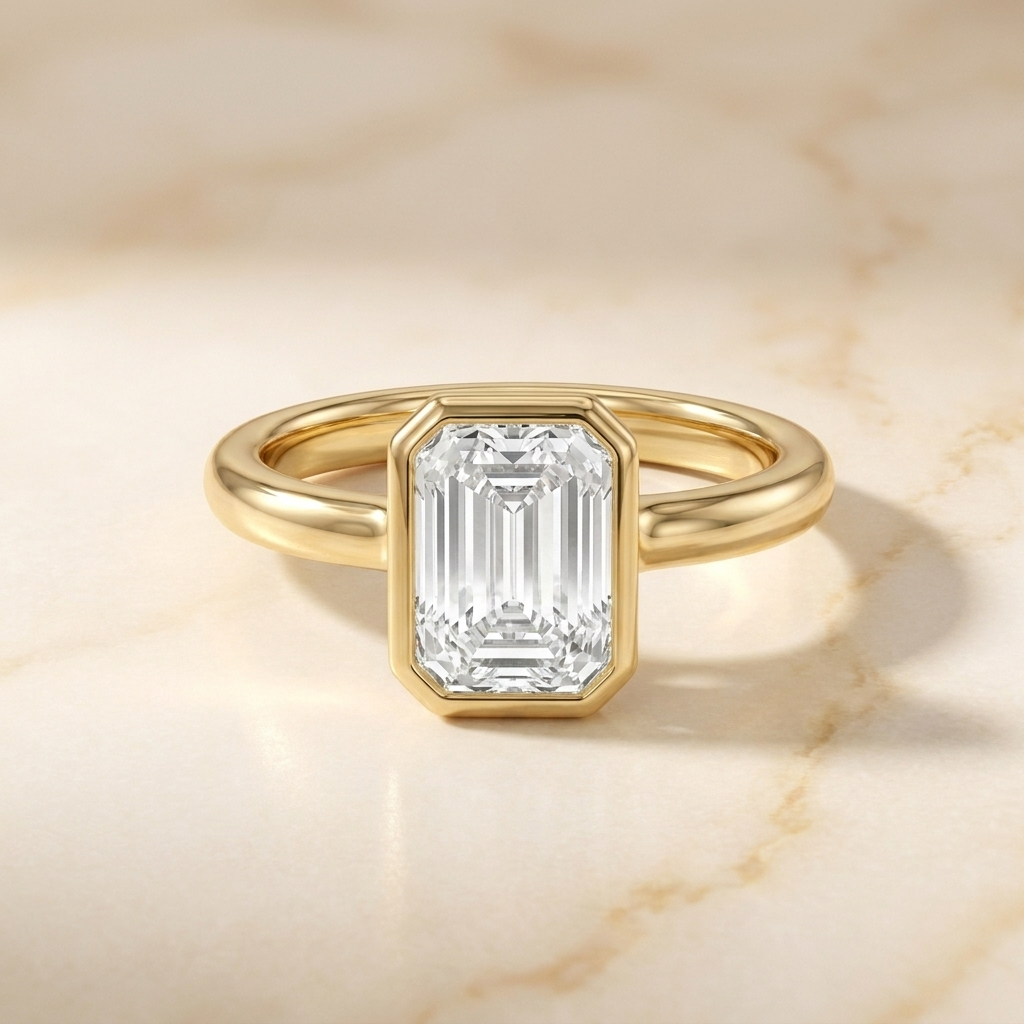 The Agnes Select bezel solitaire emerald cut engagement ring in 18k yellow gold — front view — RockHer