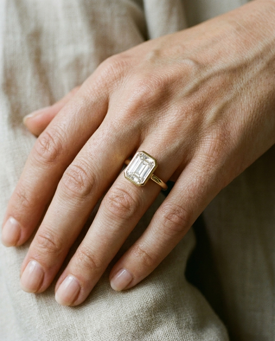 The Agnes Select bezel solitaire emerald cut engagement ring in 18k yellow gold — on hand — RockHer