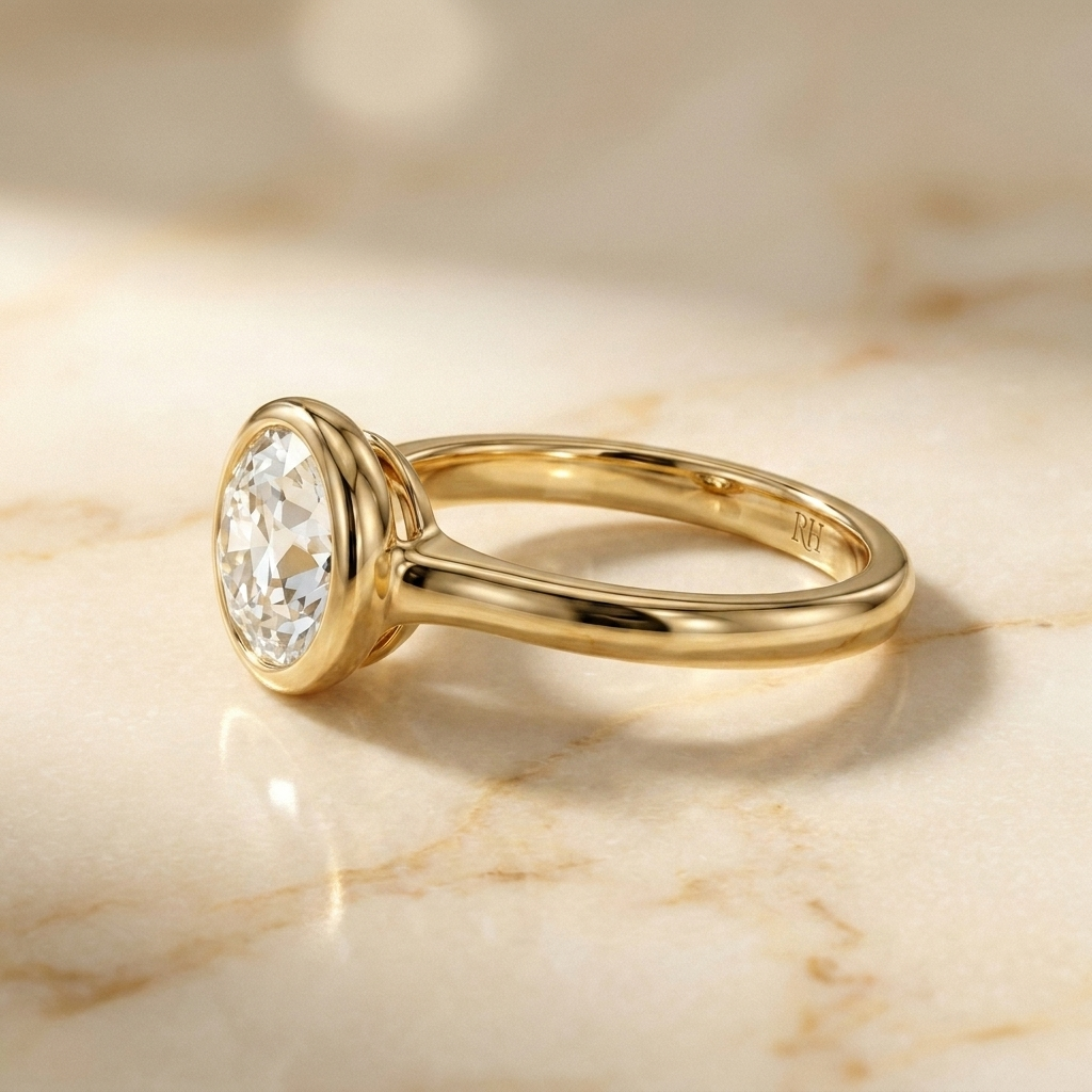 The Agnes Select bezel solitaire old european cut engagement ring in 18k yellow gold — side profile — RockHer