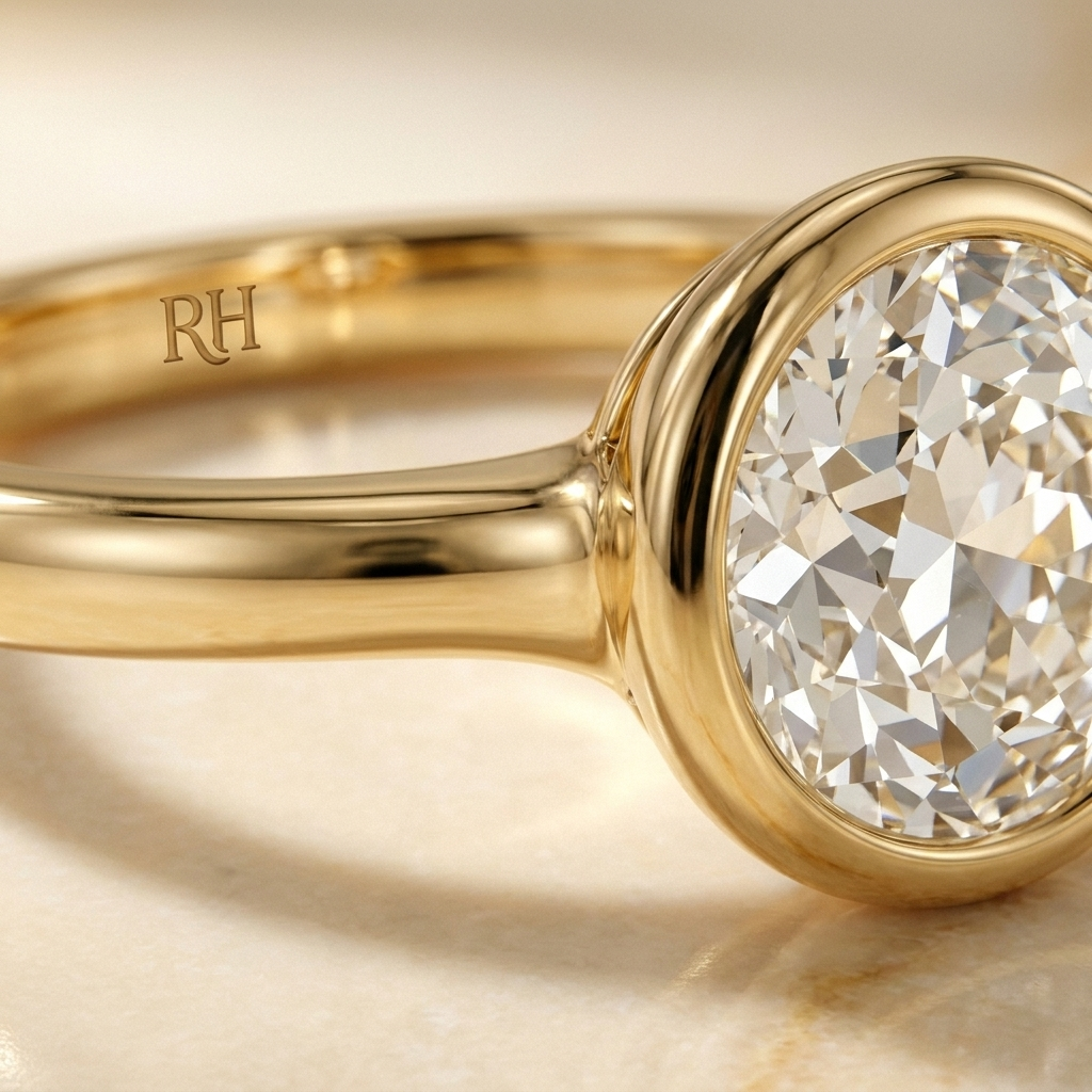 The Agnes Select bezel solitaire old european cut engagement ring in 18k yellow gold — construction detail — RockHer
