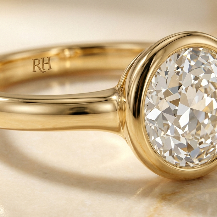 The Agnes Select bezel solitaire old european cut engagement ring in 18k yellow gold — construction detail — RockHer