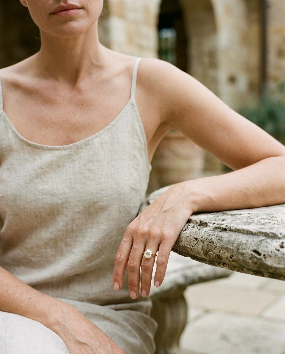 The Agnes Select bezel solitaire old european cut engagement ring in 18k yellow gold — lifestyle — RockHer