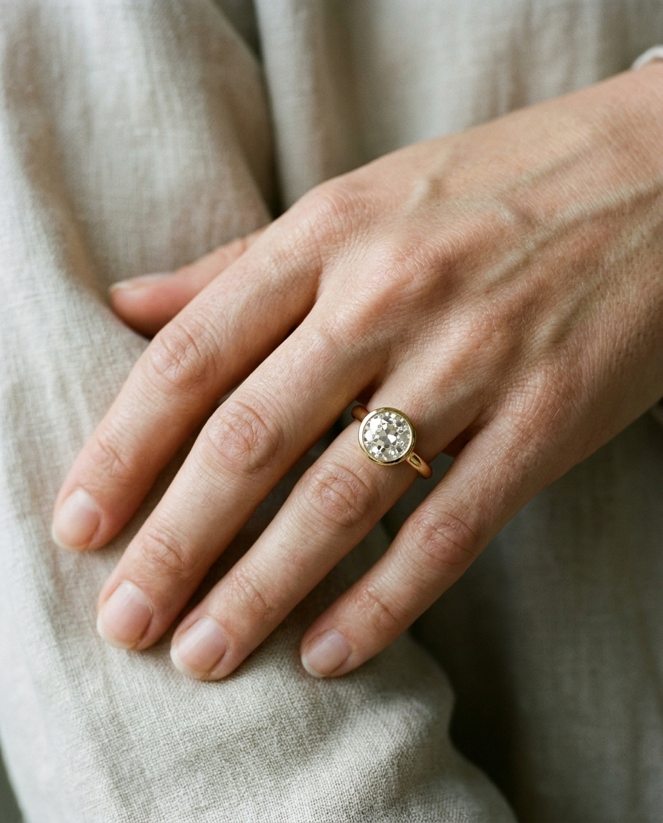 The Agnes Select bezel solitaire old european cut engagement ring in 18k yellow gold — on hand — RockHer