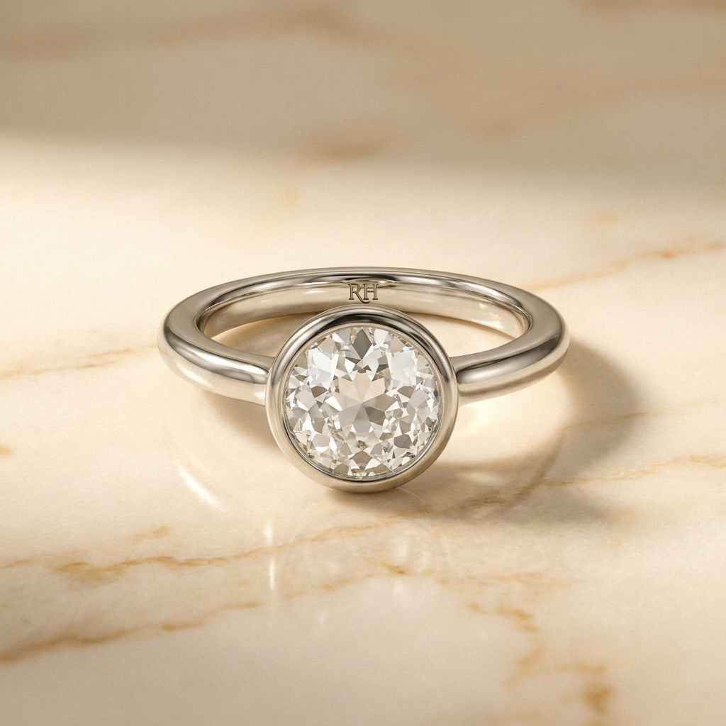 The Agnes Select bezel solitaire old european cut engagement ring in 18k white gold — front view — RockHer