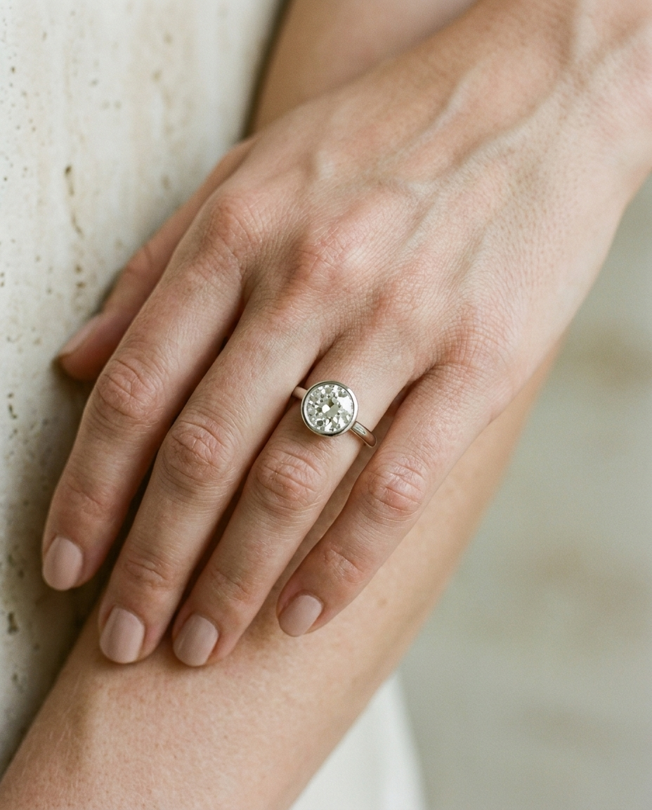 The Agnes Select bezel solitaire old european cut engagement ring in platinum — on hand — RockHer
