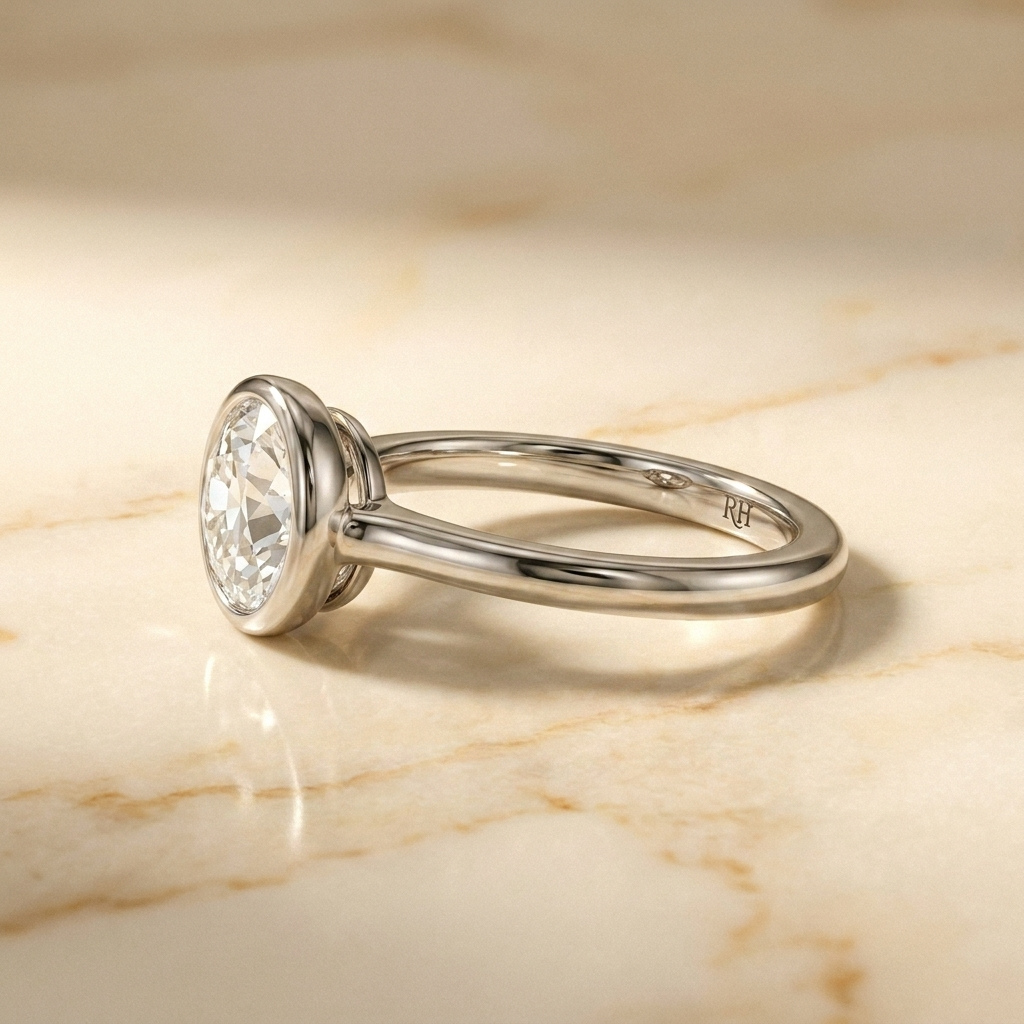 The Agnes Select bezel solitaire old european cut engagement ring in 18k white gold — side profile — RockHer