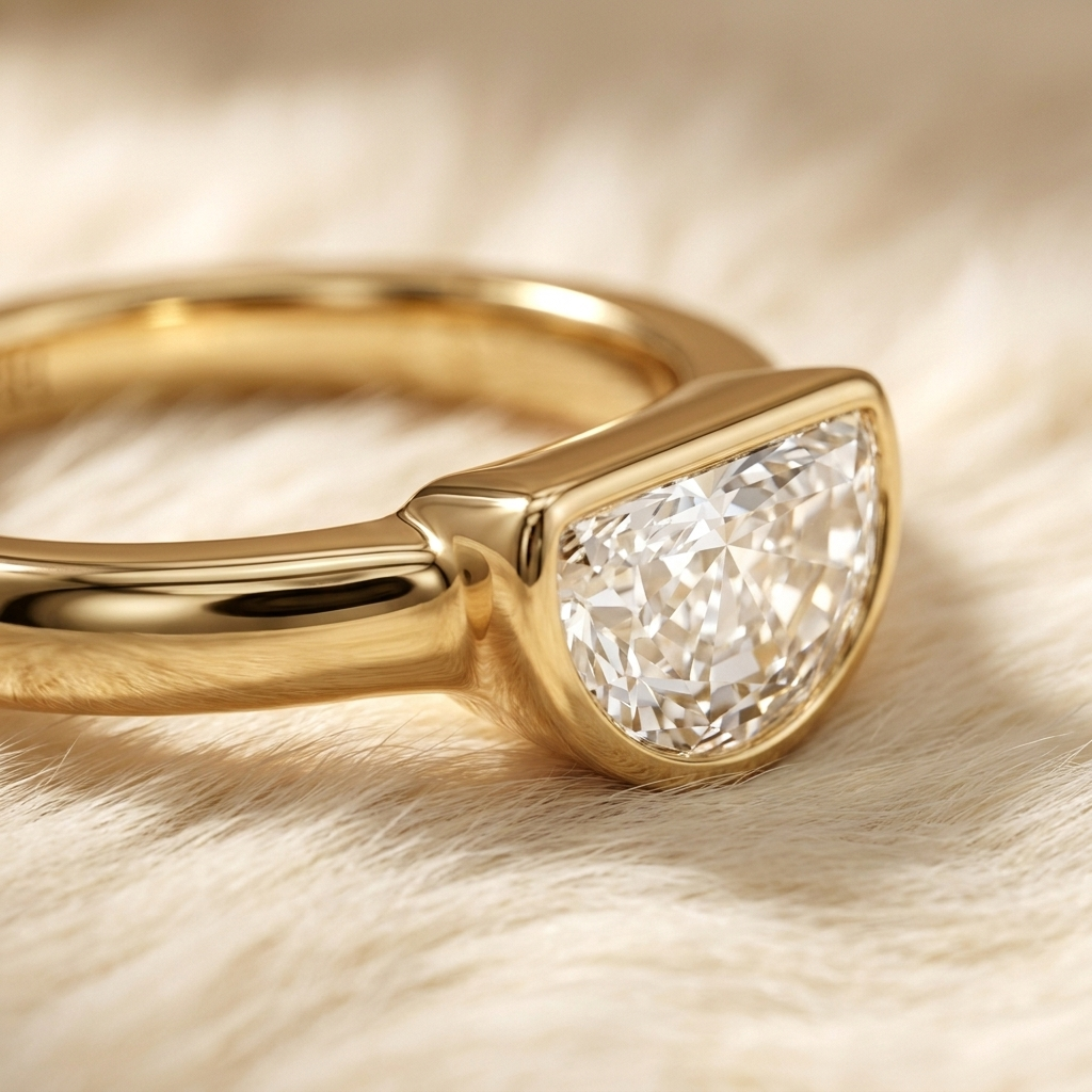 The Agnes Select bezel solitaire half cut engagement ring in 18k yellow gold — construction detail — RockHer