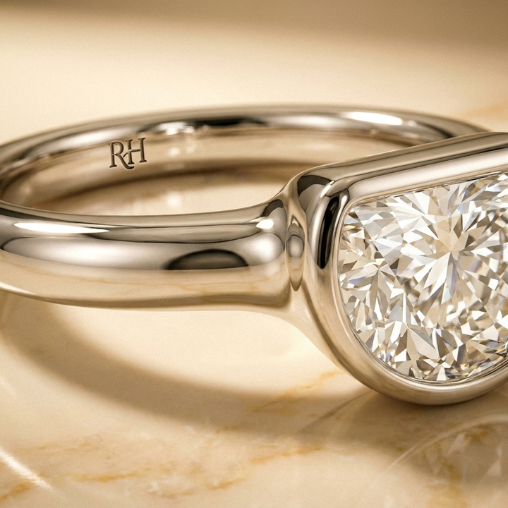 The Agnes Select bezel solitaire half cut engagement ring in 18k white gold — construction detail — RockHer