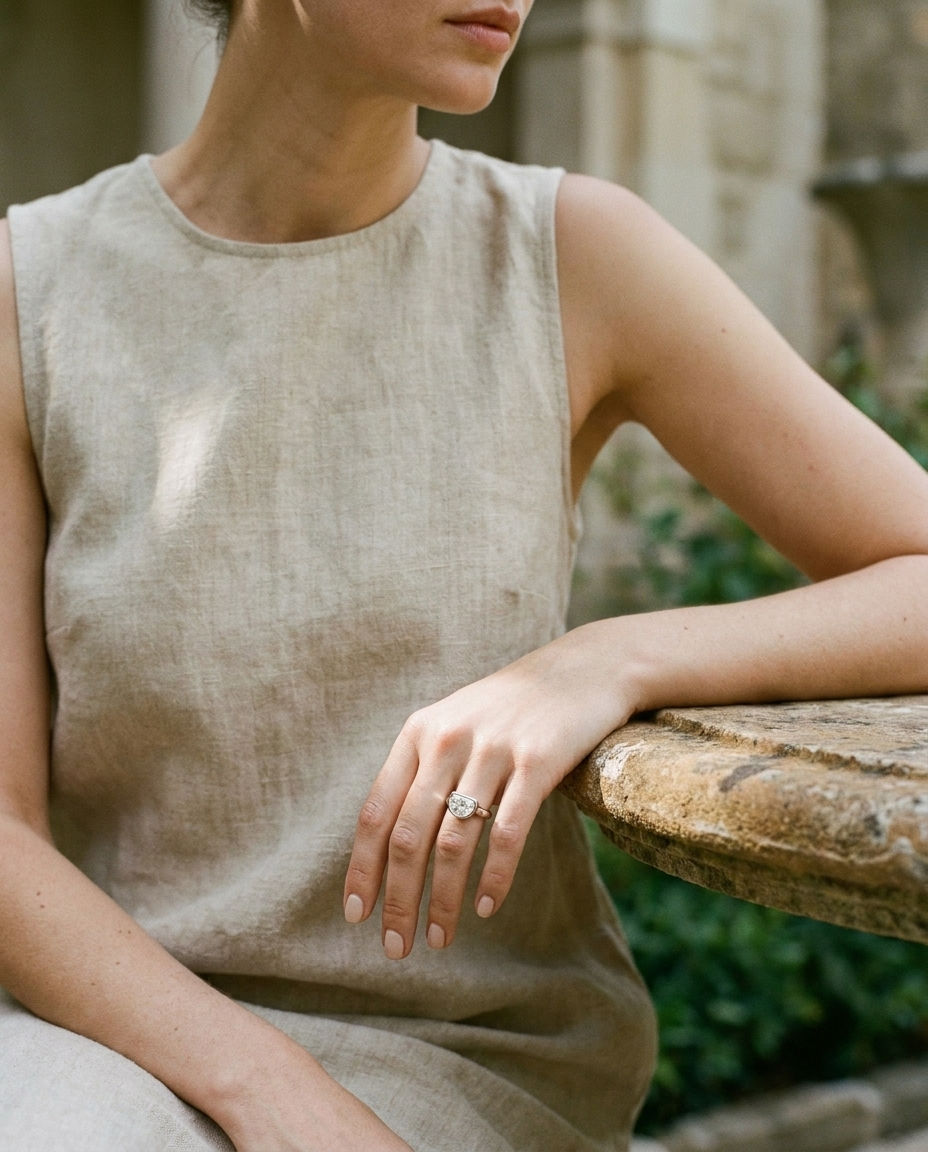 The Agnes Select bezel solitaire half cut engagement ring in 18k white gold — lifestyle — RockHer