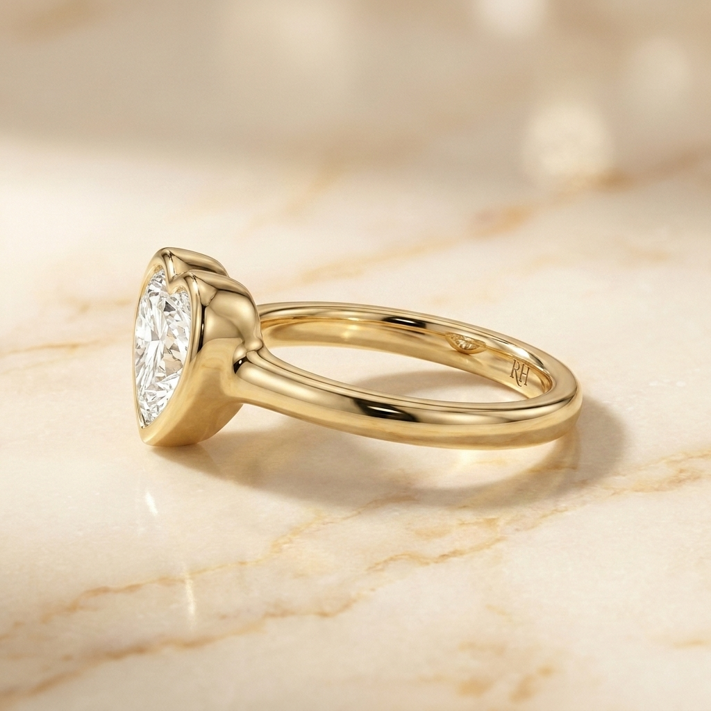 Agnes Heart bezel solitaire engagement ring setting in 18K Yellow Gold — side profile — RockHer