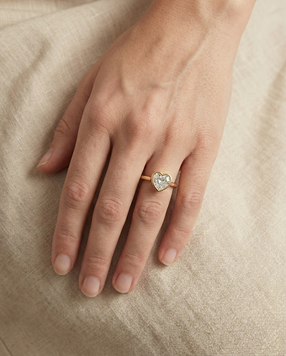 Agnes Heart bezel solitaire engagement ring setting in 18K Yellow Gold — top down hand — RockHer