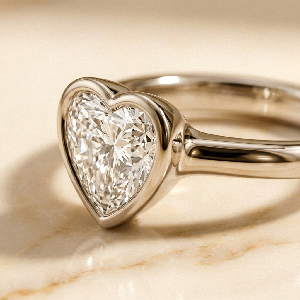 The Agnes Select bezel solitaire heart engagement ring in platinum — construction detail — RockHer