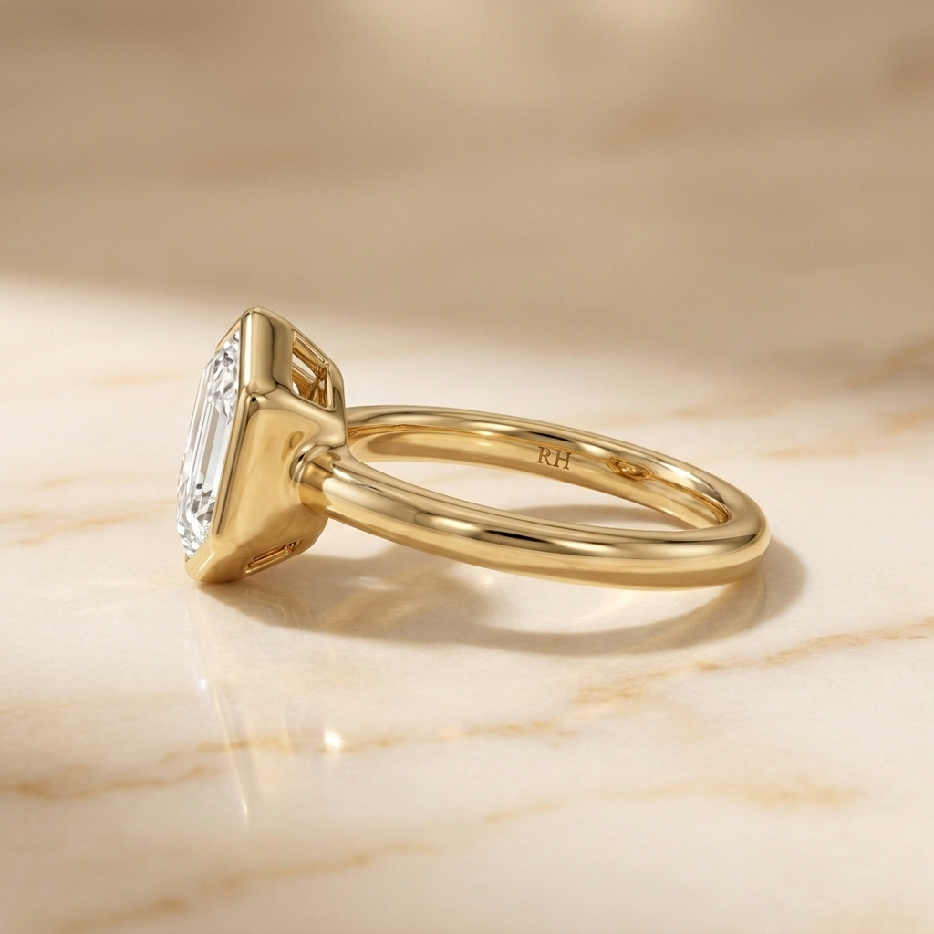 The Agnes Select bezel solitaire hexagonal engagement ring in 18k yellow gold — side profile — RockHer