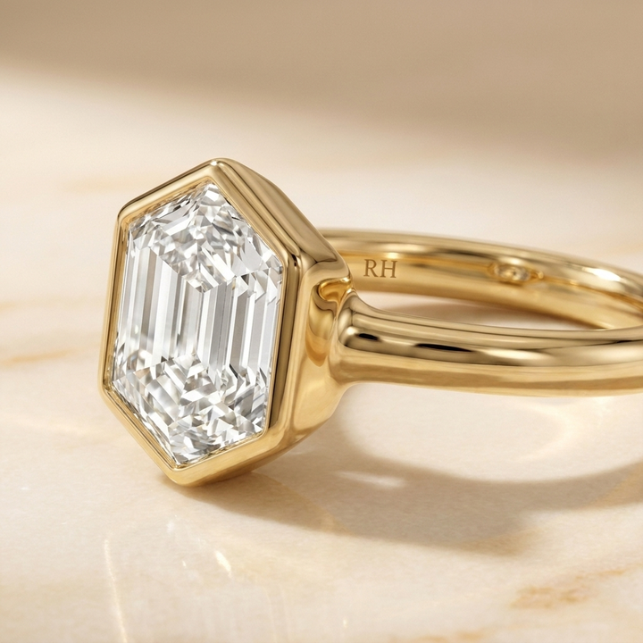 The Agnes Select bezel solitaire hexagonal engagement ring in 18k yellow gold — construction detail — RockHer