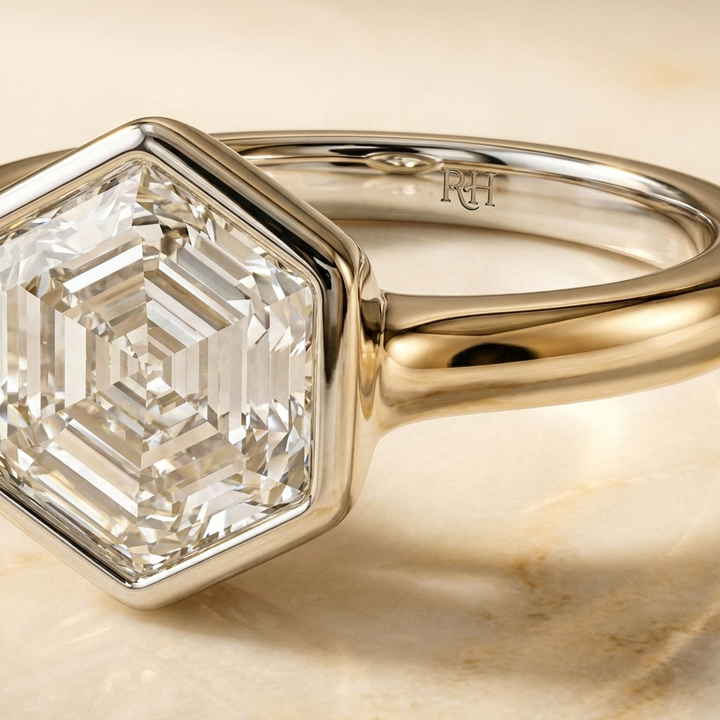 The Agnes Select bezel solitaire hexagonal engagement ring in 18k white gold — construction detail — RockHer