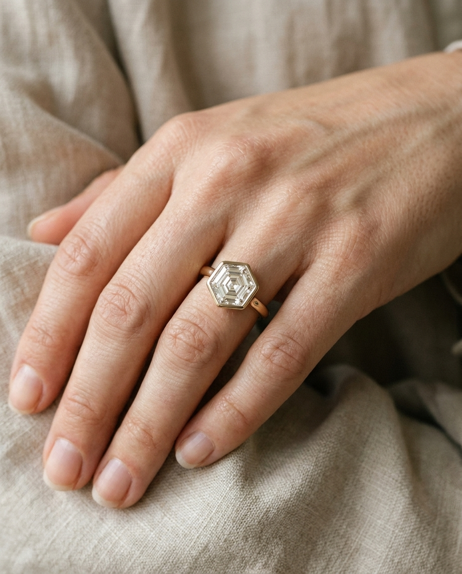 The Agnes Select bezel solitaire hexagonal engagement ring in 18k white gold — on hand — RockHer