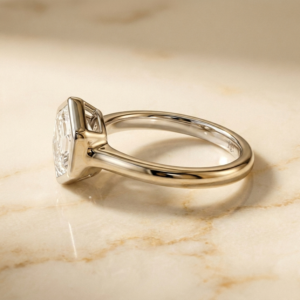 The Agnes Select bezel solitaire hexagonal engagement ring in 18k white gold — side profile — RockHer