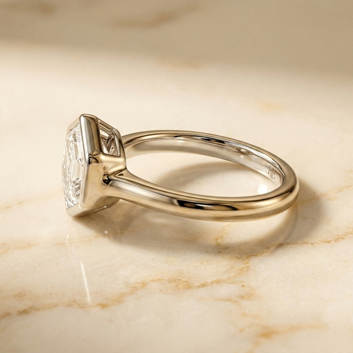 The Agnes Select bezel solitaire hexagonal engagement ring in platinum — side profile — RockHer